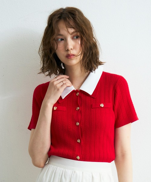 MISCH MASCH（ミッシュマッシュ）の「2026春夏新作 シャツダブル衿半袖ケーブルニットカーディガン（ニット/セーター・レディース・ネイビー/イエロー/レッド/ホワイト・ﾌﾘ-）」の4枚目の写真