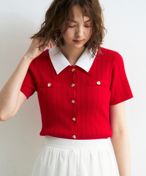 MISCH MASCH(ミッシュマッシュ)の「2026春夏新作 シャツダブル衿半袖ケーブルニットカーディガン(ニット/セーター・レディース・ネイビー/イエロー/レッド/ホワイト・フリ-)」の17枚目の写真