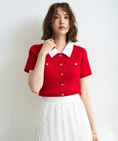 MISCH MASCH(ミッシュマッシュ)の「2026春夏新作 シャツダブル衿半袖ケーブルニットカーディガン(ニット/セーター・レディース・ネイビー/イエロー/レッド/ホワイト・フリ-)」の18枚目の写真