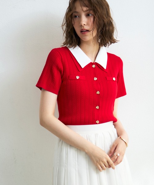 MISCH MASCH(ミッシュマッシュ)の「2026春夏新作 シャツダブル衿半袖ケーブルニットカーディガン(ニット/セーター・レディース・ネイビー/イエロー/レッド/ホワイト・フリ-)」の19枚目の写真