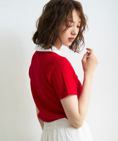 MISCH MASCH(ミッシュマッシュ)の「2026春夏新作 シャツダブル衿半袖ケーブルニットカーディガン(ニット/セーター・レディース・ネイビー/イエロー/レッド/ホワイト・フリ-)」の21枚目の写真