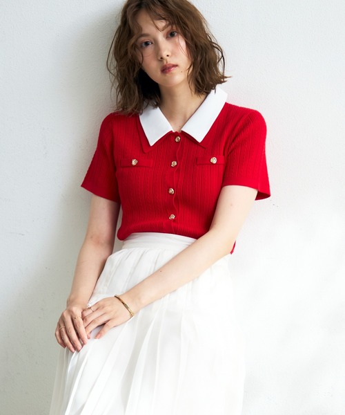 MISCH MASCH(ミッシュマッシュ)の「2026春夏新作 シャツダブル衿半袖ケーブルニットカーディガン(ニット/セーター・レディース・ネイビー/イエロー/レッド/ホワイト・フリ-)」の15枚目の写真