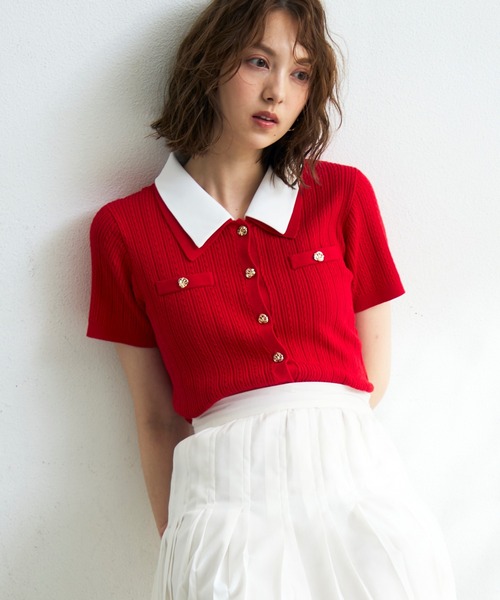MISCH MASCH(ミッシュマッシュ)の「2026春夏新作 シャツダブル衿半袖ケーブルニットカーディガン(ニット/セーター・レディース・ネイビー/イエロー/レッド/ホワイト・フリ-)」の16枚目の写真