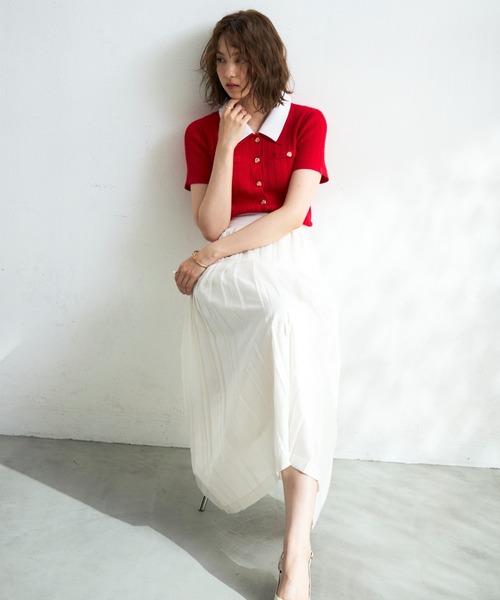 MISCH MASCH(ミッシュマッシュ)の「2026春夏新作 シャツダブル衿半袖ケーブルニットカーディガン(ニット/セーター・レディース・ネイビー/イエロー/レッド/ホワイト・フリ-)」の11枚目の写真