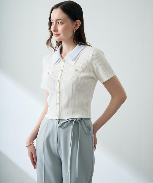 MISCH MASCH（ミッシュマッシュ）の「2026春夏新作 シャツダブル衿半袖ケーブルニットカーディガン（ニット/セーター・レディース・ネイビー/イエロー/レッド/ホワイト・ﾌﾘ-）」の18枚目の写真