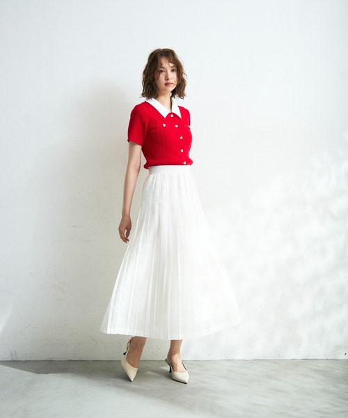 MISCH MASCH（ミッシュマッシュ）の「2026春夏新作 シャツダブル衿半袖ケーブルニットカーディガン（ニット/セーター・レディース・ネイビー/イエロー/レッド/ホワイト・ﾌﾘ-）」の17枚目の写真