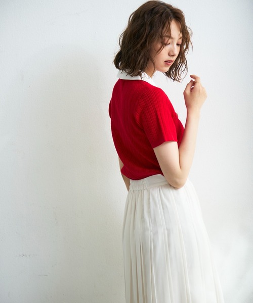MISCH MASCH（ミッシュマッシュ）の「2026春夏新作 シャツダブル衿半袖ケーブルニットカーディガン（ニット/セーター・レディース・ネイビー/イエロー/レッド/ホワイト・ﾌﾘ-）」の10枚目の写真