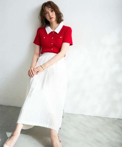 MISCH MASCH（ミッシュマッシュ）の「2026春夏新作 シャツダブル衿半袖ケーブルニットカーディガン（ニット/セーター・レディース・ネイビー/イエロー/レッド/ホワイト・ﾌﾘ-）」の11枚目の写真