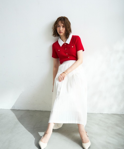 MISCH MASCH（ミッシュマッシュ）の「2026春夏新作 シャツダブル衿半袖ケーブルニットカーディガン（ニット/セーター・レディース・ネイビー/イエロー/レッド/ホワイト・ﾌﾘ-）」の12枚目の写真