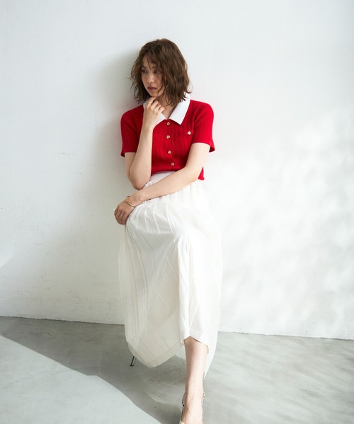 MISCH MASCH（ミッシュマッシュ）の「2026春夏新作 シャツダブル衿半袖ケーブルニットカーディガン（ニット/セーター・レディース・ネイビー/イエロー/レッド/ホワイト・ﾌﾘ-）」の13枚目の写真