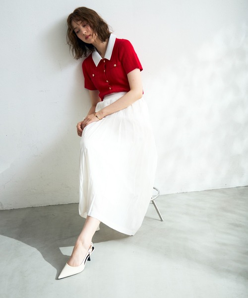 MISCH MASCH（ミッシュマッシュ）の「2026春夏新作 シャツダブル衿半袖ケーブルニットカーディガン（ニット/セーター・レディース・ネイビー/イエロー/レッド/ホワイト・ﾌﾘ-）」の14枚目の写真