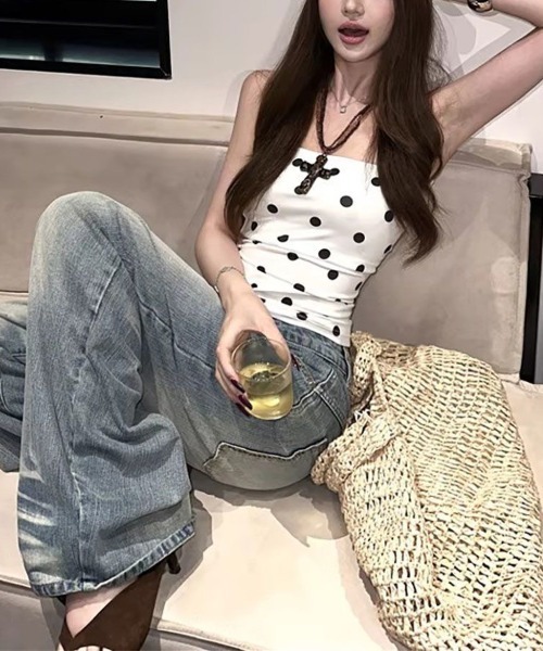 gossip!ロサンゼルス(ゴシップロサンゼルス)の「Y2Kレトロドット柄 ストレッチ ベアトップ チューブトップ(Tシャツ/カットソー・レディース・ホワイト・M)」の11枚目の写真