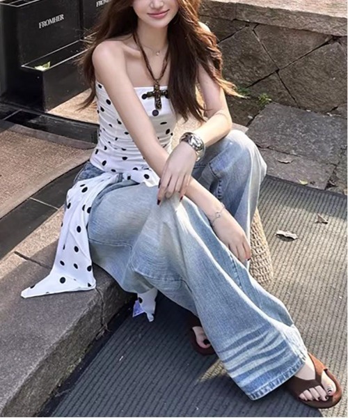 gossip!ロサンゼルス(ゴシップロサンゼルス)の「Y2Kレトロドット柄 ストレッチ ベアトップ チューブトップ(Tシャツ/カットソー・レディース・ホワイト・M)」の12枚目の写真
