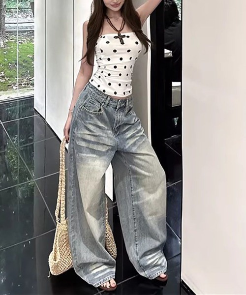 gossip!ロサンゼルス(ゴシップロサンゼルス)の「Y2Kレトロドット柄 ストレッチ ベアトップ チューブトップ(Tシャツ/カットソー・レディース・ホワイト・M)」の14枚目の写真