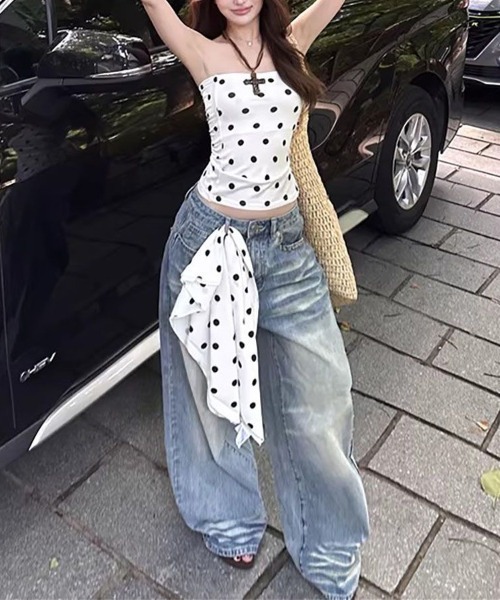 gossip!ロサンゼルス(ゴシップロサンゼルス)の「Y2Kレトロドット柄 ストレッチ ベアトップ チューブトップ(Tシャツ/カットソー・レディース・ホワイト・M)」の15枚目の写真