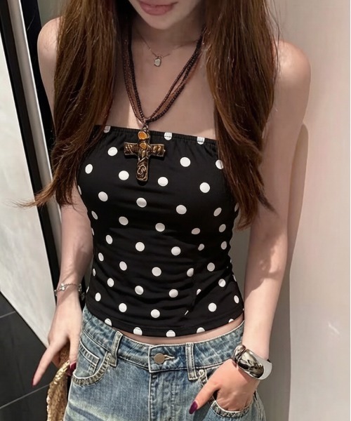 gossip!ロサンゼルス(ゴシップロサンゼルス)の「Y2Kレトロドット柄 ストレッチ ベアトップ チューブトップ(Tシャツ/カットソー・レディース・ホワイト・M)」の8枚目の写真