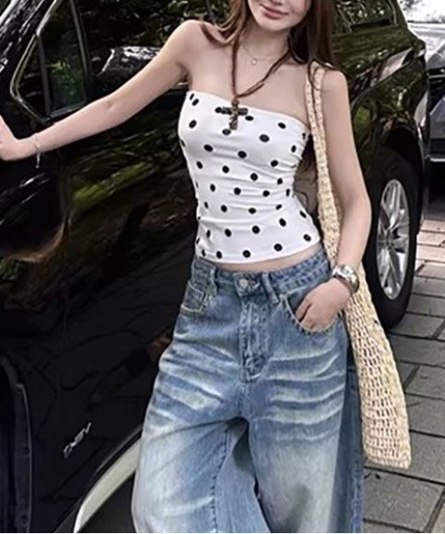 gossip!ロサンゼルス(ゴシップロサンゼルス)の「Y2Kレトロドット柄 ストレッチ ベアトップ チューブトップ(Tシャツ/カットソー・レディース・ホワイト・M)」の9枚目の写真