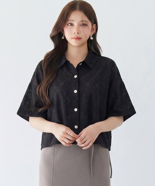 DRESS PLUS(ドレスプラス)の「アイレット刺繍半袖シャツ(Tシャツ/カットソー・レディース・オフホワイト/ミント/ブラック・M)」の2枚目の写真
