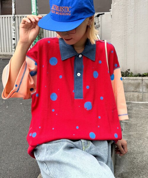 SOUNDSGOOOOD(サウンズグッド)の「【SOUNDS GOOOOD】ランダムドット柄配色ワッフルポロ(ポロシャツ・レディース・ネイビー/レッド・ONE SIZE)」の12枚目の写真