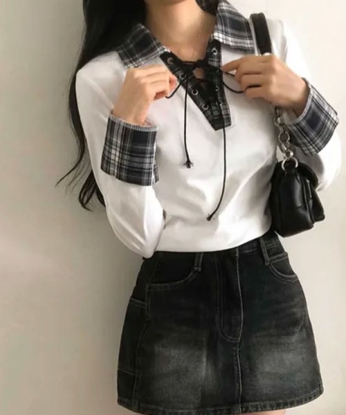 2ly2(トゥーリートゥー)の「レースアップ×チェック切替が映える / 大人ガーリートップス(Tシャツ/カットソー・レディース・ブラック/ホワイト/グレー・FREE)」の4枚目の写真