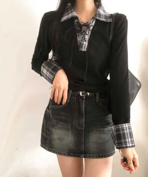 2ly2(トゥーリートゥー)の「レースアップ×チェック切替が映える / 大人ガーリートップス(Tシャツ/カットソー・レディース・ブラック/ホワイト/グレー・FREE)」の7枚目の写真