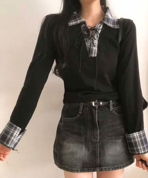 2ly2(トゥーリートゥー)の「レースアップ×チェック切替が映える / 大人ガーリートップス(Tシャツ/カットソー・レディース・ブラック/ホワイト/グレー・FREE)」の8枚目の写真