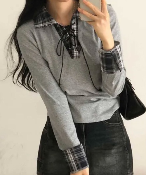 2ly2(トゥーリートゥー)の「レースアップ×チェック切替が映える / 大人ガーリートップス(Tシャツ/カットソー・レディース・ブラック/ホワイト/グレー・FREE)」の10枚目の写真