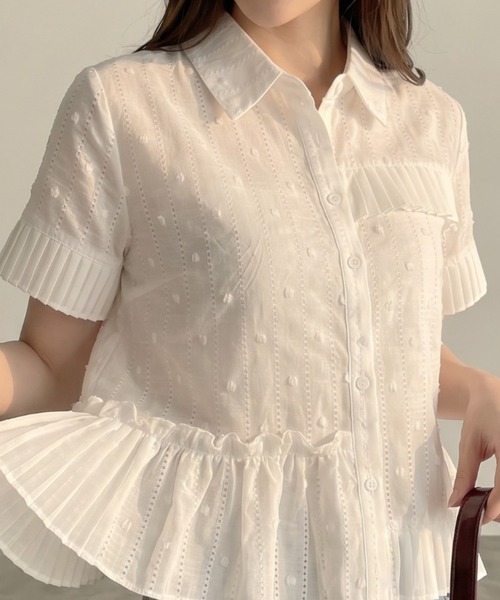 umune(ウムネ)の「ブラウス ドット柄 ジャガード 裾プリーツ フリル 5分袖 五分袖 衿付き シアー 透け感 フェミニン トップス 夏(シャツ/ブラウス・レディース・オフホワイト/ブラック・FREE)」の6枚目の写真