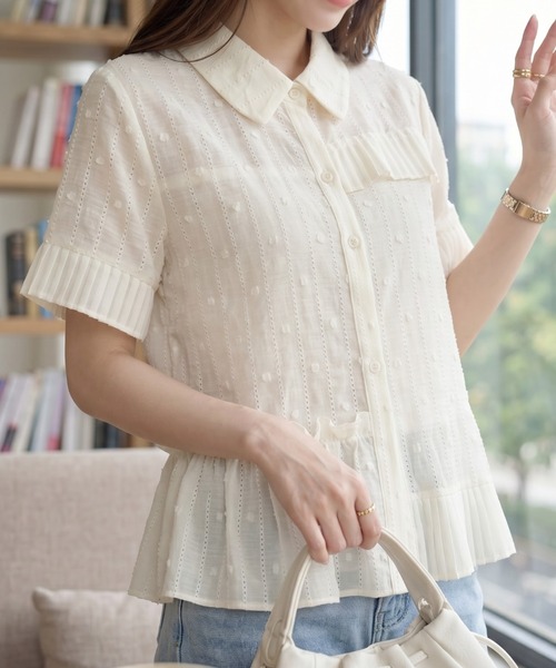 umune(ウムネ)の「ブラウス ドット柄 ジャガード 裾プリーツ フリル 5分袖 五分袖 衿付き シアー 透け感 フェミニン トップス 夏(シャツ/ブラウス・レディース・オフホワイト/ブラック・FREE)」の15枚目の写真
