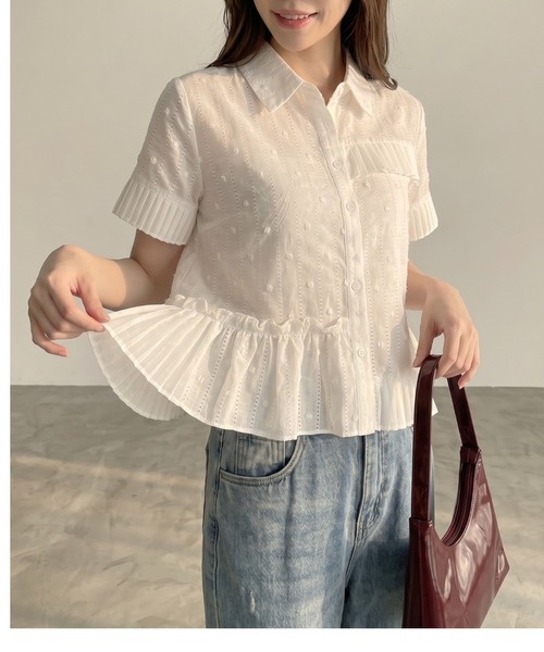 umune(ウムネ)の「ブラウス ドット柄 ジャガード 裾プリーツ フリル 5分袖 五分袖 衿付き シアー 透け感 フェミニン トップス 夏(シャツ/ブラウス・レディース・オフホワイト/ブラック・FREE)」の13枚目の写真