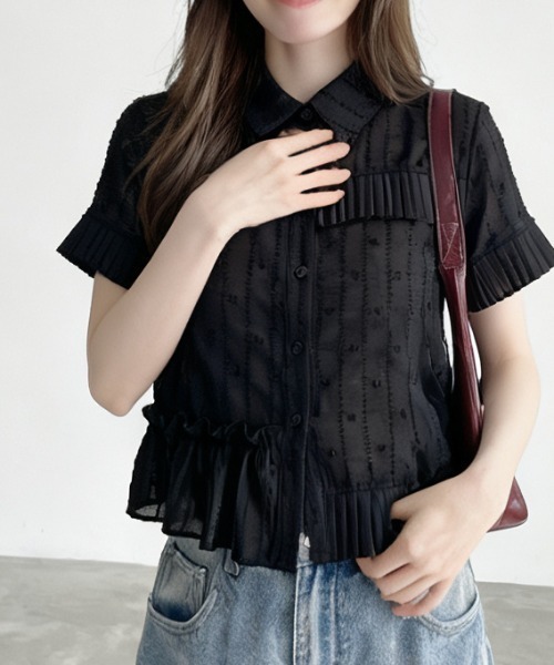 umune(ウムネ)の「ブラウス ドット柄 ジャガード 裾プリーツ フリル 5分袖 五分袖 衿付き シアー 透け感 フェミニン トップス 夏(シャツ/ブラウス・レディース・オフホワイト/ブラック・FREE)」の21枚目の写真