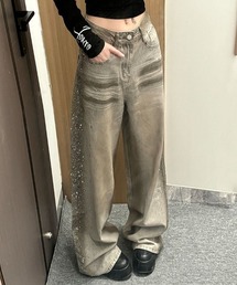サイドラインストーンデニムワイドパンツ
