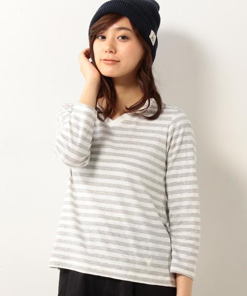 coen（コーエン）の「スラブ天竺ボーダーVネックカットソー（Tシャツ/カットソー・レディース・グレー/ベージュ・LARGE/MEDIUM）」の2枚目の写真