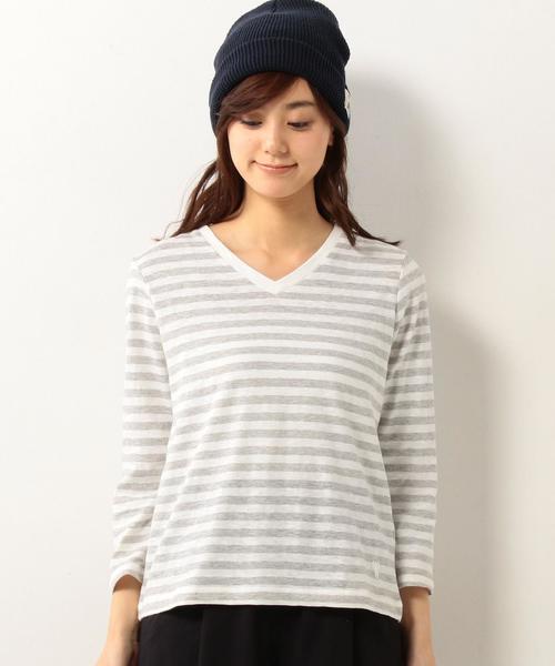 coen（コーエン）の「スラブ天竺ボーダーVネックカットソー（Tシャツ/カットソー・レディース・グレー/ベージュ・LARGE/MEDIUM）」の4枚目の写真