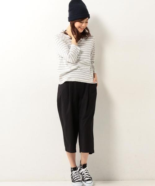 coen（コーエン）の「スラブ天竺ボーダーVネックカットソー（Tシャツ/カットソー・レディース・グレー/ベージュ・LARGE/MEDIUM）」の6枚目の写真