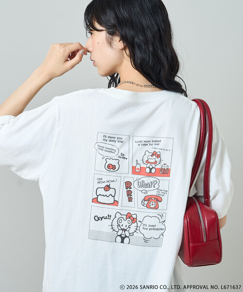 FREAK'S STORE(フリークスストア)の「SANRIO/サンリオ ”HELLO KITTY' 目隠し コミックプリントTシャツ(Tシャツ/カットソー・レディース・オフホワイト/チャコール/ピンク・フリ-)」の4枚目の写真