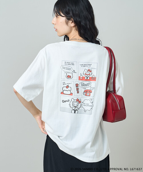FREAK'S STORE(フリークスストア)の「SANRIO/サンリオ ”HELLO KITTY' 目隠し コミックプリントTシャツ(Tシャツ/カットソー・レディース・オフホワイト/チャコール/ピンク・フリ-)」の5枚目の写真