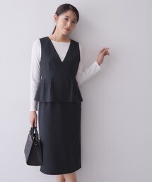 【セットアップ対応】ペプラムジャンスカワンピース《洗濯機OK/イージーアイロン/防シワ》