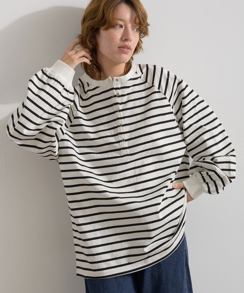 Fizz(フィズ)の「コットン天竺 ヘンリーネックラグラン長袖Tシャツ(Tシャツ/カットソー・レディース・ホワイト/ホワイト×ブラック/ブラック・M)」の15枚目の写真