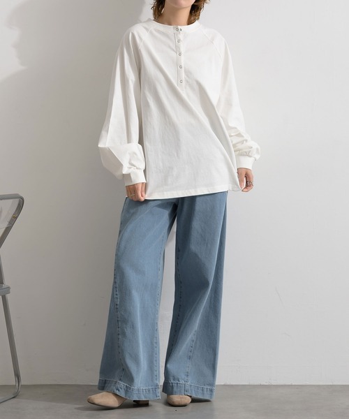 Fizz(フィズ)の「コットン天竺 ヘンリーネックラグラン長袖Tシャツ(Tシャツ/カットソー・レディース・ホワイト/ホワイト×ブラック/ブラック・M)」の7枚目の写真