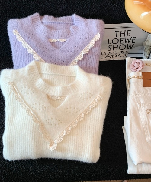 LUCPY(ラクピー)の「レースカラー チョーカー風ニットプルオーバー(その他トップス・レディース・ホワイト/パープル・LARGE/MEDIUM/SMALL)」の5枚目の写真