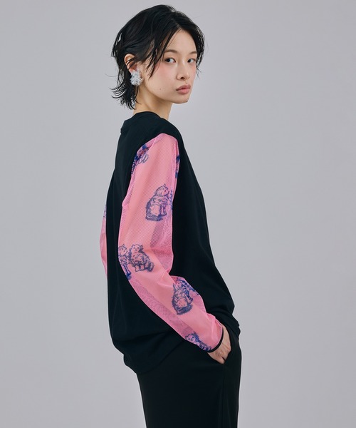 NON TOKYO（ノントーキョー）の「PRINT MESH SLEEVE C/S（Tシャツ/カットソー・レディース・ネイビー系/ブラック×ピンク・FREE）」の3枚目の写真