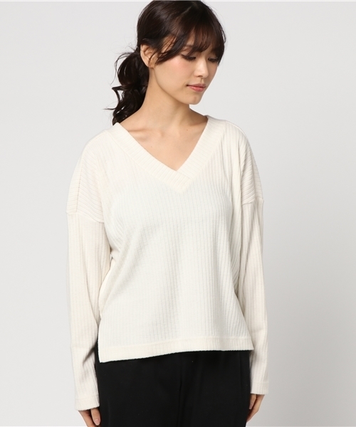 VENCEEXCHANGE（ヴァンスエクスチェンジ）の「リブ起毛両Ｖプルオーバー（ニット/セーター・レディース・ピンク/オフホワイト/ブラック・MEDIUM）」の4枚目の写真