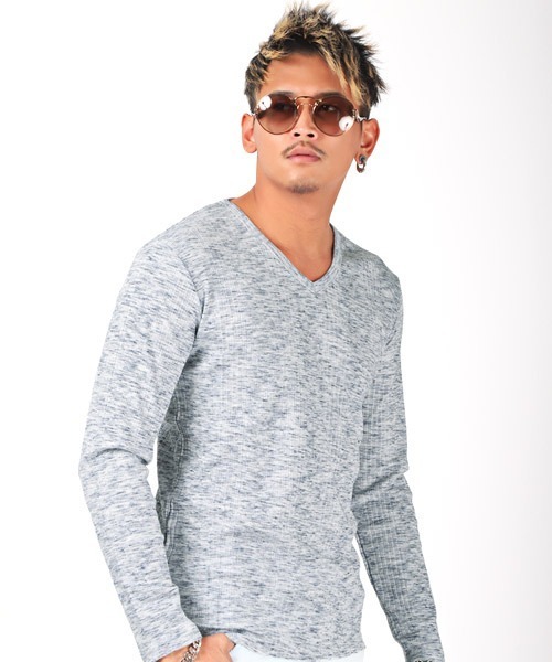 LUXSTYLE(ラグスタイル)の「ランダムテレコ&リブ杢Vネックカットソー(Tシャツ/カットソー・メンズ・ブラック系その他/ブルー系その他/レッド系その他・L/M/XL)」の1枚目の写真