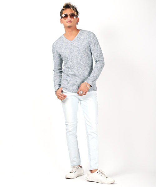 LUXSTYLE(ラグスタイル)の「ランダムテレコ&リブ杢Vネックカットソー(Tシャツ/カットソー・メンズ・ブラック系その他/ブルー系その他/レッド系その他・L/M/XL)」の15枚目の写真