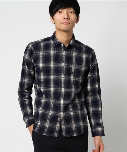 【新品】クオドロ　シャギーチェックシャツ　Mサイズ　ネイビー系 新品】クオドロシャギーチェックシャツMサイズネイビー系