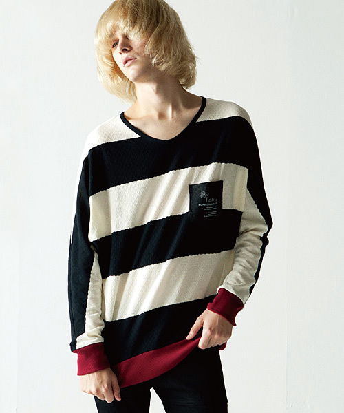 SHAREEF(シャリーフ)の「BORDER JQ DOLMAN L/S ◆(Tシャツ/カットソー・メンズ・ホワイト×ブラック/グリーン系その他/レッド系その他・1/2)」の1枚目の写真