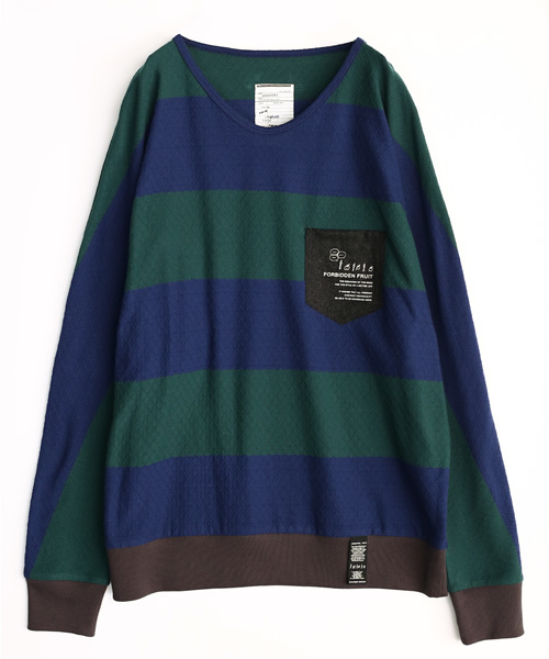 SHAREEF(シャリーフ)の「BORDER JQ DOLMAN L/S ◆(Tシャツ/カットソー・メンズ・ホワイト×ブラック/グリーン系その他/レッド系その他・1/2)」の2枚目の写真