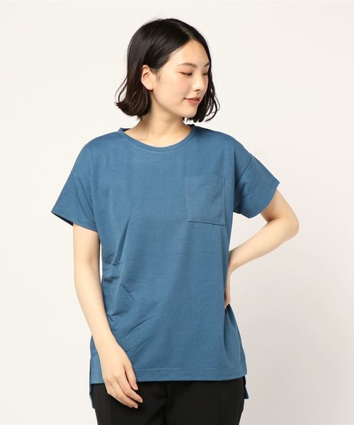 AMERICAN HOLIC（アメリカンホリック）の「EASE BULE 前後差半袖ポケ付チュニック＊（Tシャツ/カットソー・レディース・オフホワイト/ブラック/マスタード/ブルー・FREE）」の3枚目の写真