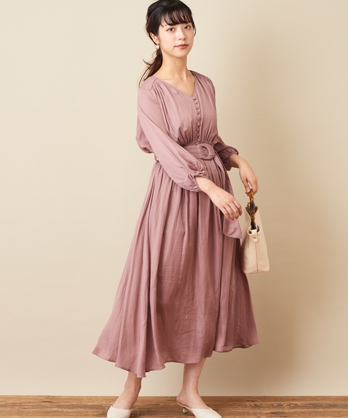 natural couture（ナチュラルクチュール）の「ねじり袖サテンギャザーワンピース（ワンピース・レディース・ブラック/ピンク/ボルドー/その他1/その他2/キャメル/ブルー・FREE）」の14枚目の写真